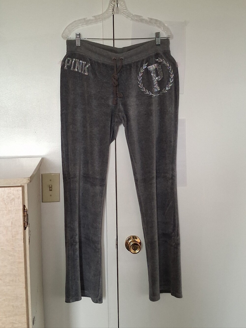 PINK (VS) Gray Velour Pants with Silver Sequins